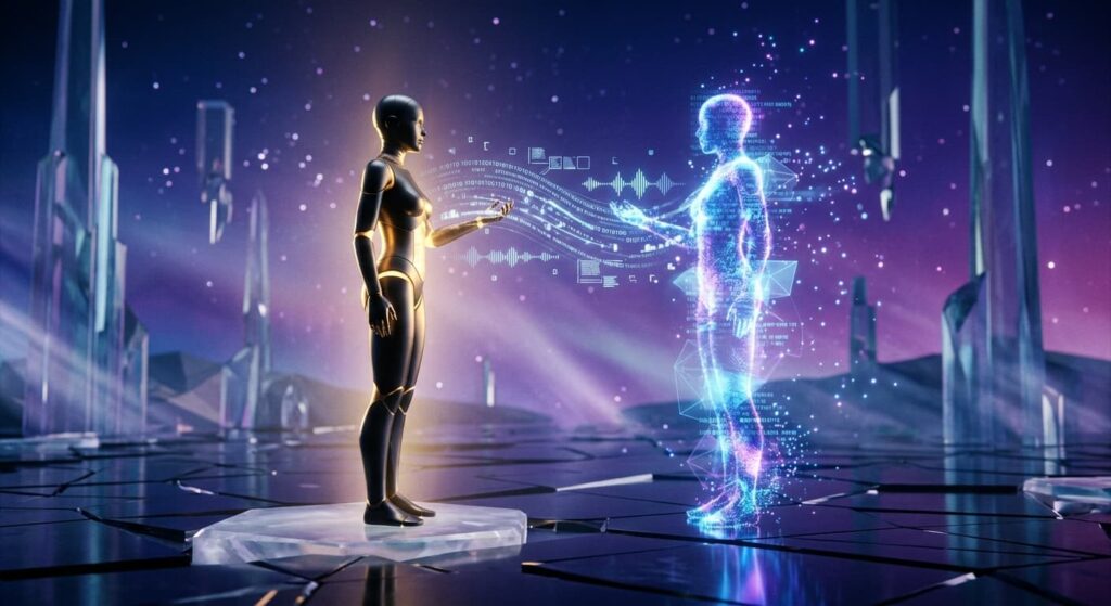 Saját AI avatar készítése – digitális hasonmás születése, futurisztikus illusztráció